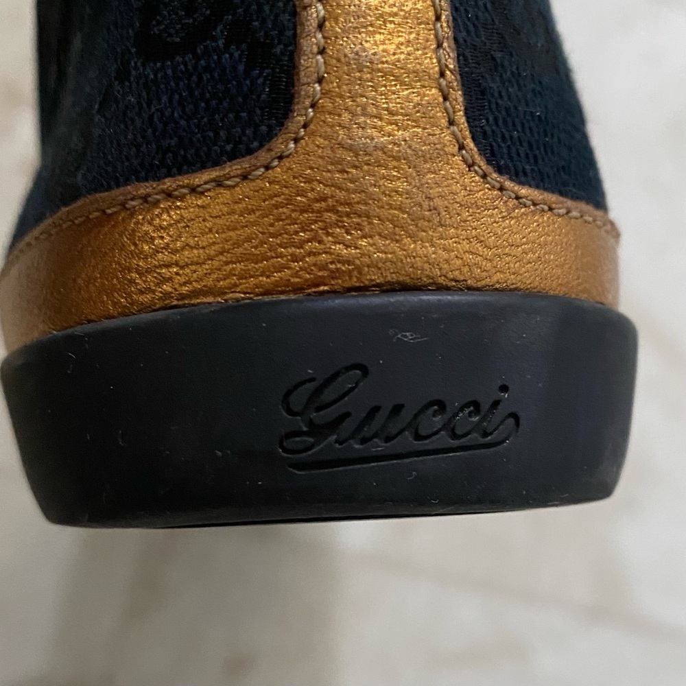 $985 Gucci Made in Italy GG Monogram Black Leather Canvas High Top Sneakers 5.5 - Picture 11 of 13